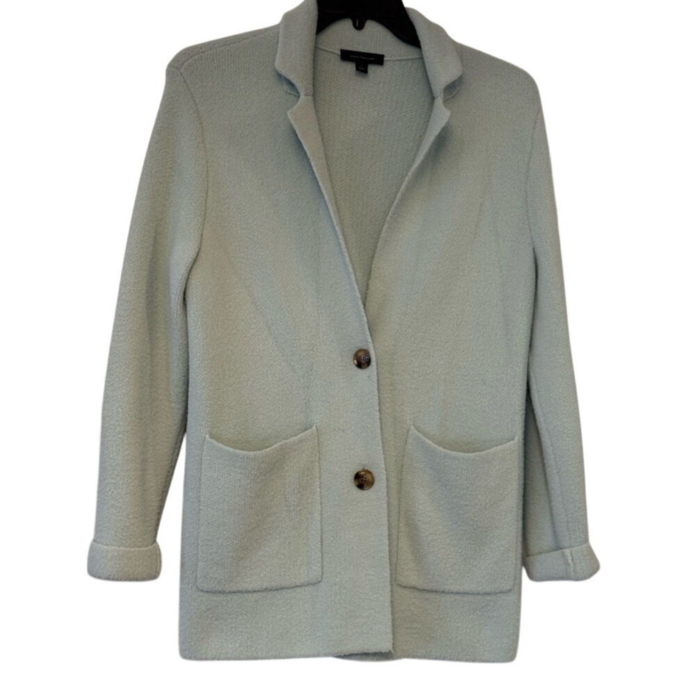 Ann Taylor Sage‎ Green Knit Blazer Cardigan Sweater Pockets Small RN77379 - Picture 3 of 7